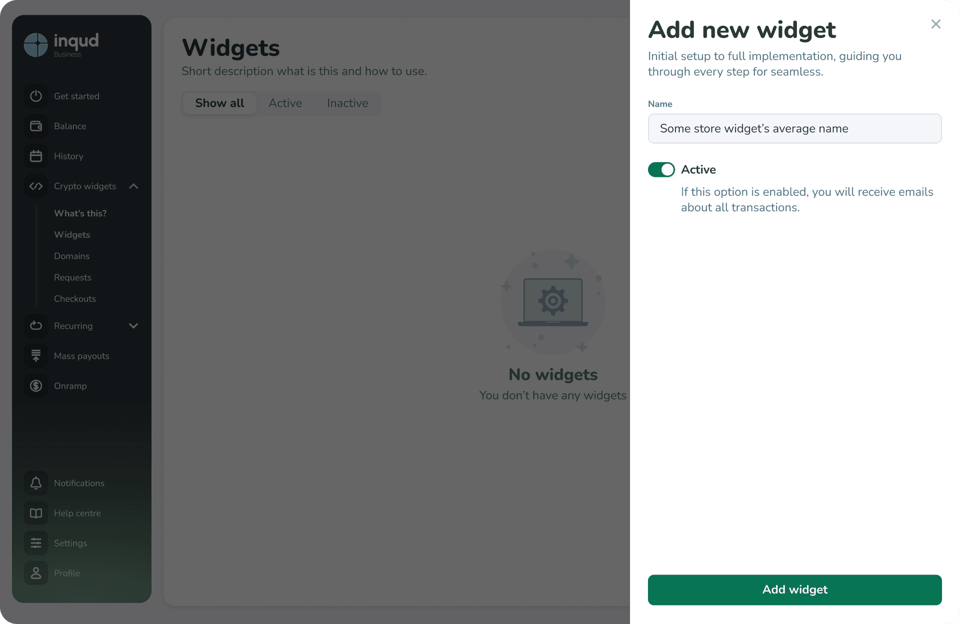 Inqud platform Crypto widget page
